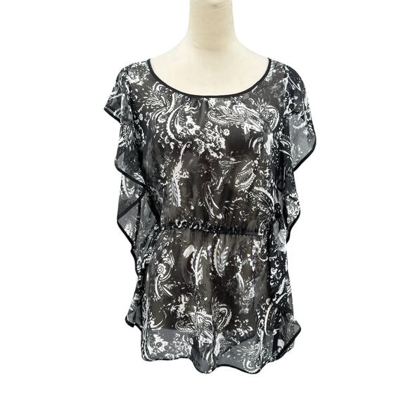 Lane Bryant Black & White Mixed Paisley Print Ruffle Sleeve Sheer Chiffon Blouse - Picture 1 of 11